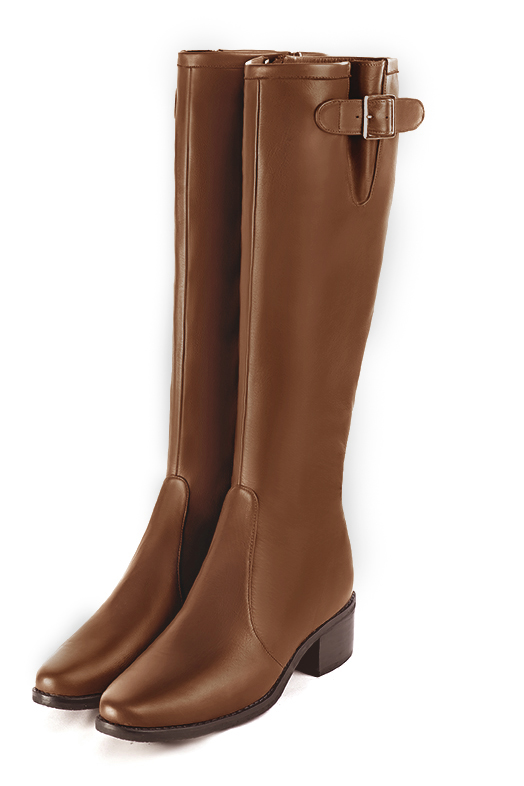 Caramel brown women's knee-high boots with buckles. Round toe. Low leather soles. Made to measure. Front view - Florence KOOIJMAN